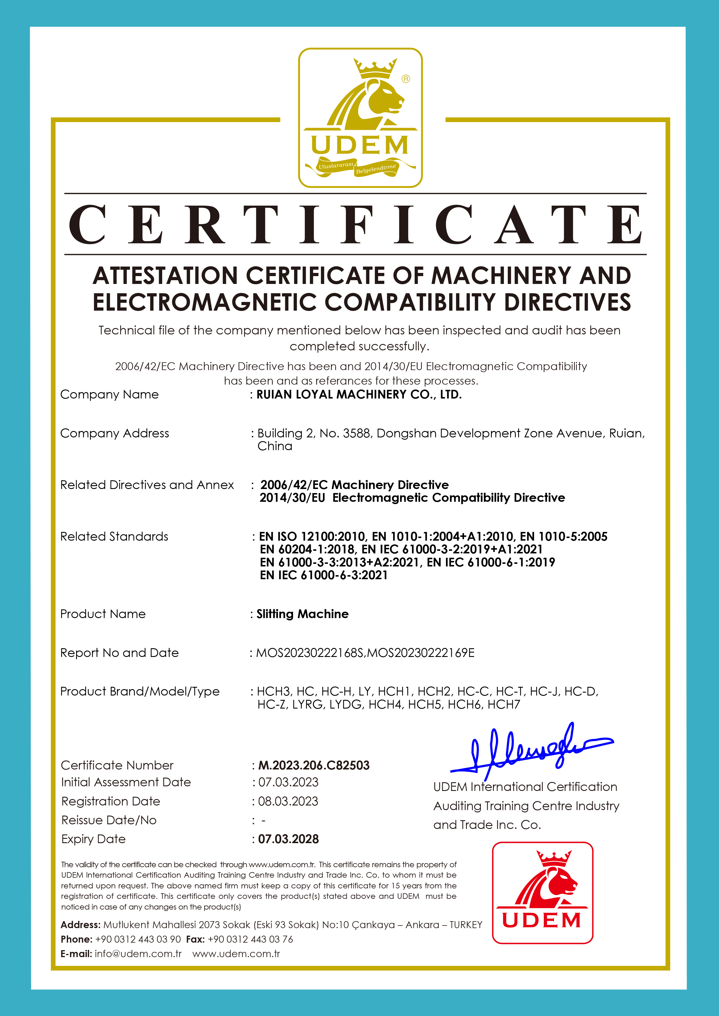 attestation certificate of machinery and electromagnetic compatibility directives