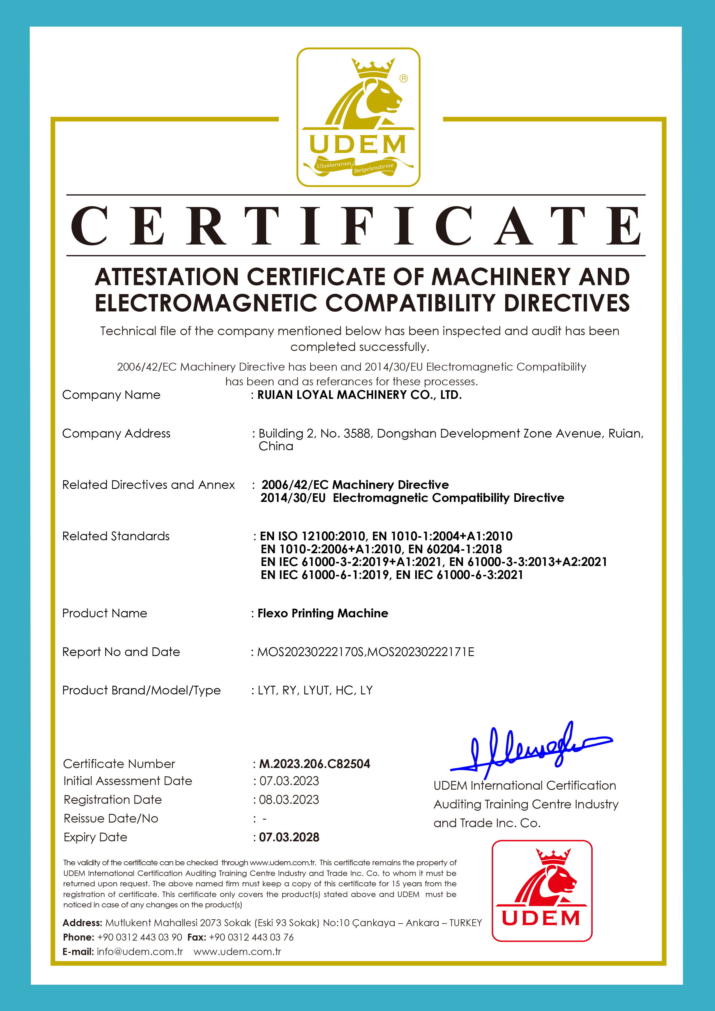 attestation certificate of machinery and electromagnetic compatibility directives