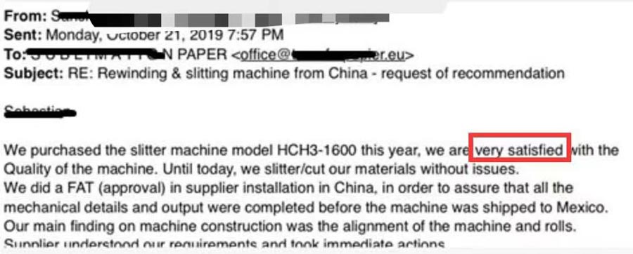 Clients Feedback of TOP A SERIES High Speed Slitting Machine